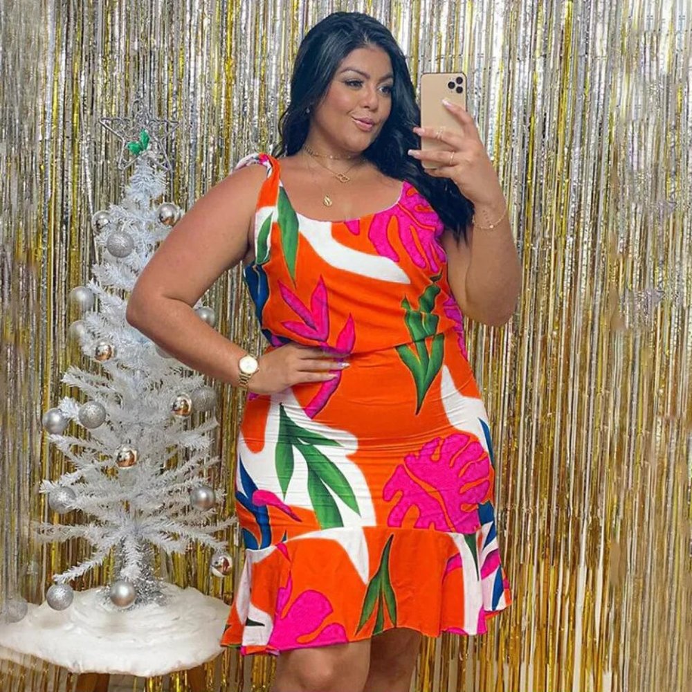 Women Fashion Graphic Printed Plus Size Ruffled Dress